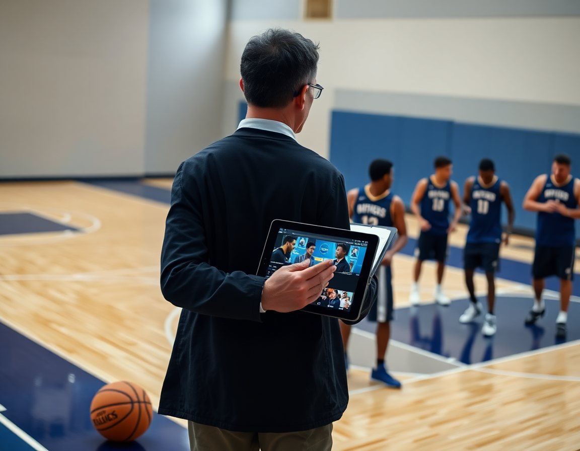 Plano medio del entrenador con clip y un móvil mostrando sistemas de ataque en baloncesto.