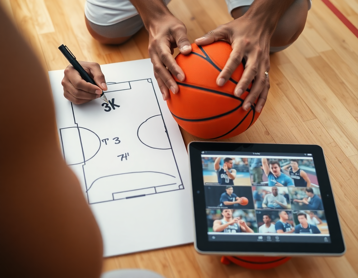 Primer plano de manos dibujando una secuencia para sistemas de ataque en baloncesto.