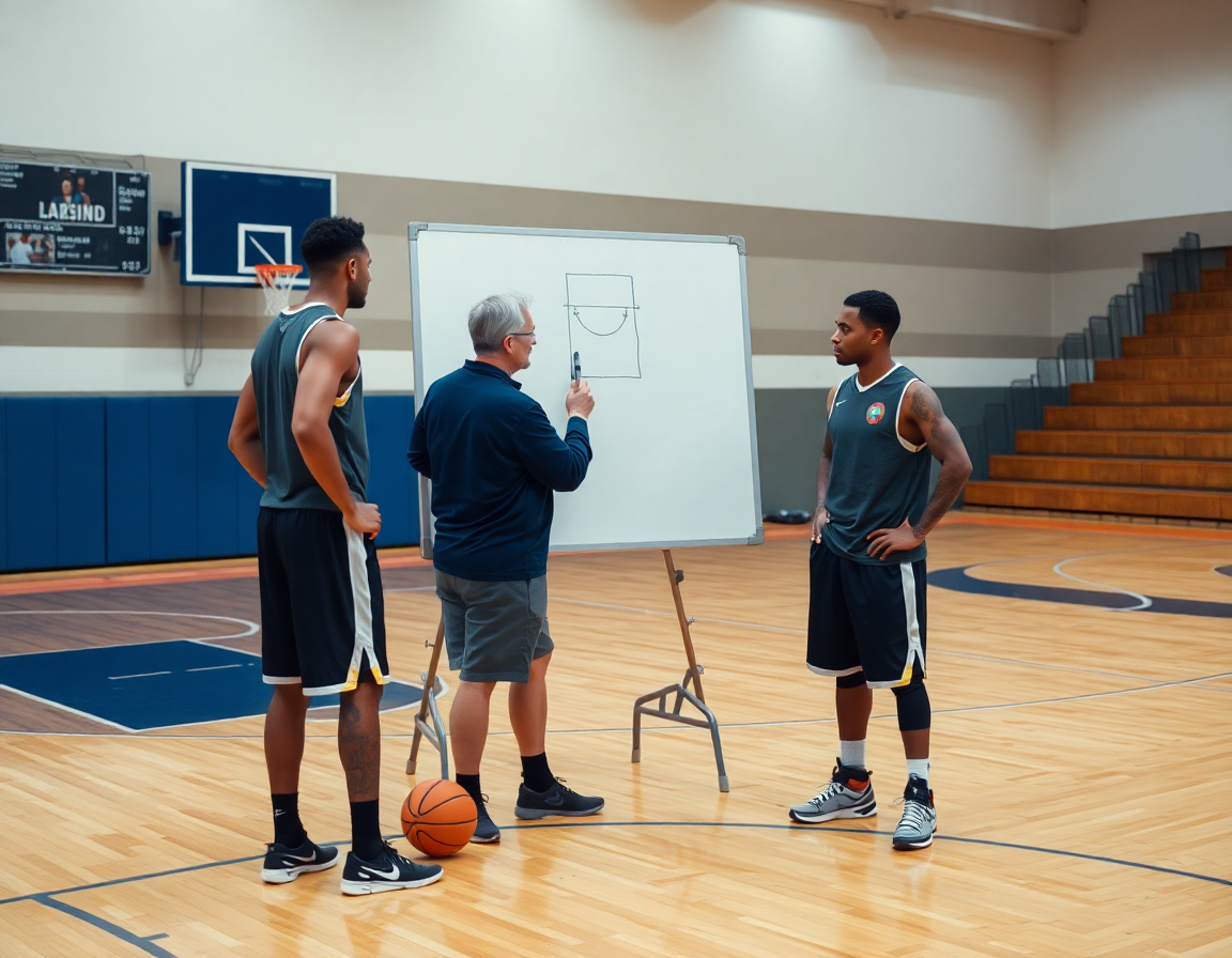 Manos cerca de la pizarra mientras el coach dibuja una jugada de basketball; software baloncesto visible.