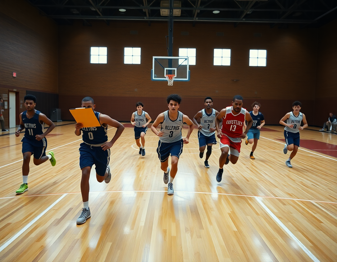 Plan de juego con basketball en acción, coach observando, software baloncesto presente.