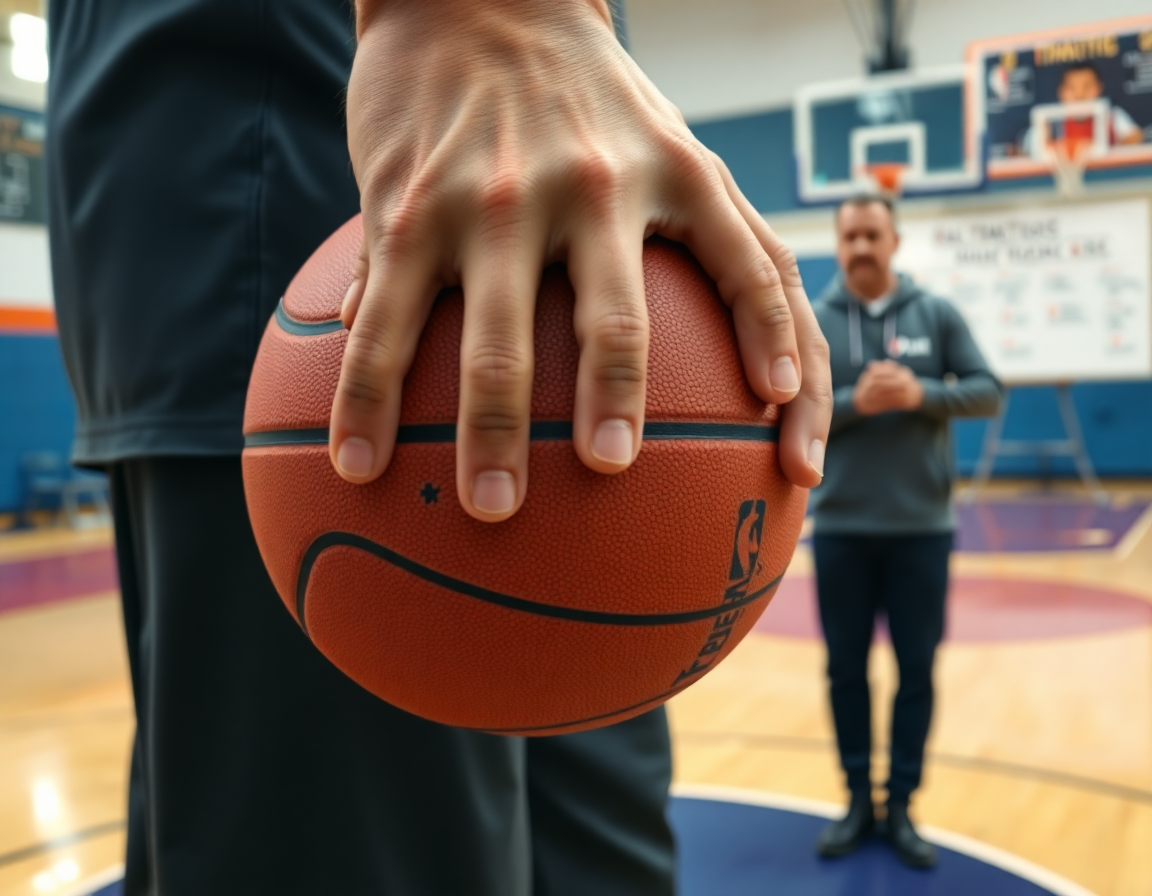 Plano cercano de manos sosteniendo una pelota de baloncesto durante software scouting baloncesto en la cancha.