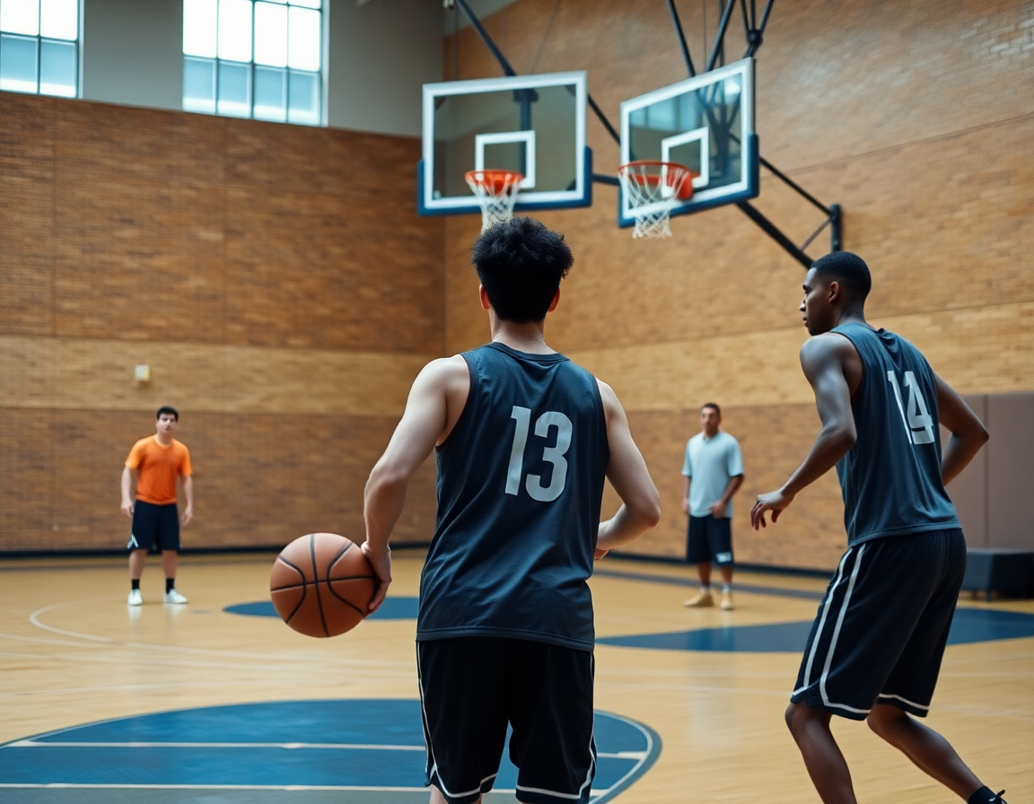 Dos jugadores driblan hacia la línea de tiro durante software scouting baloncesto en la cancha.
