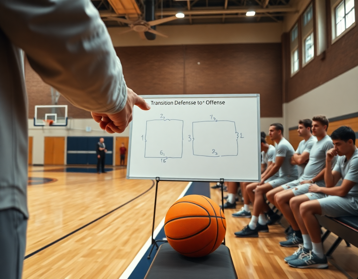 Primer plano de baloncesto: transicion defensa ataque baloncesto en las manos del entrenador cerca de la pizarra.