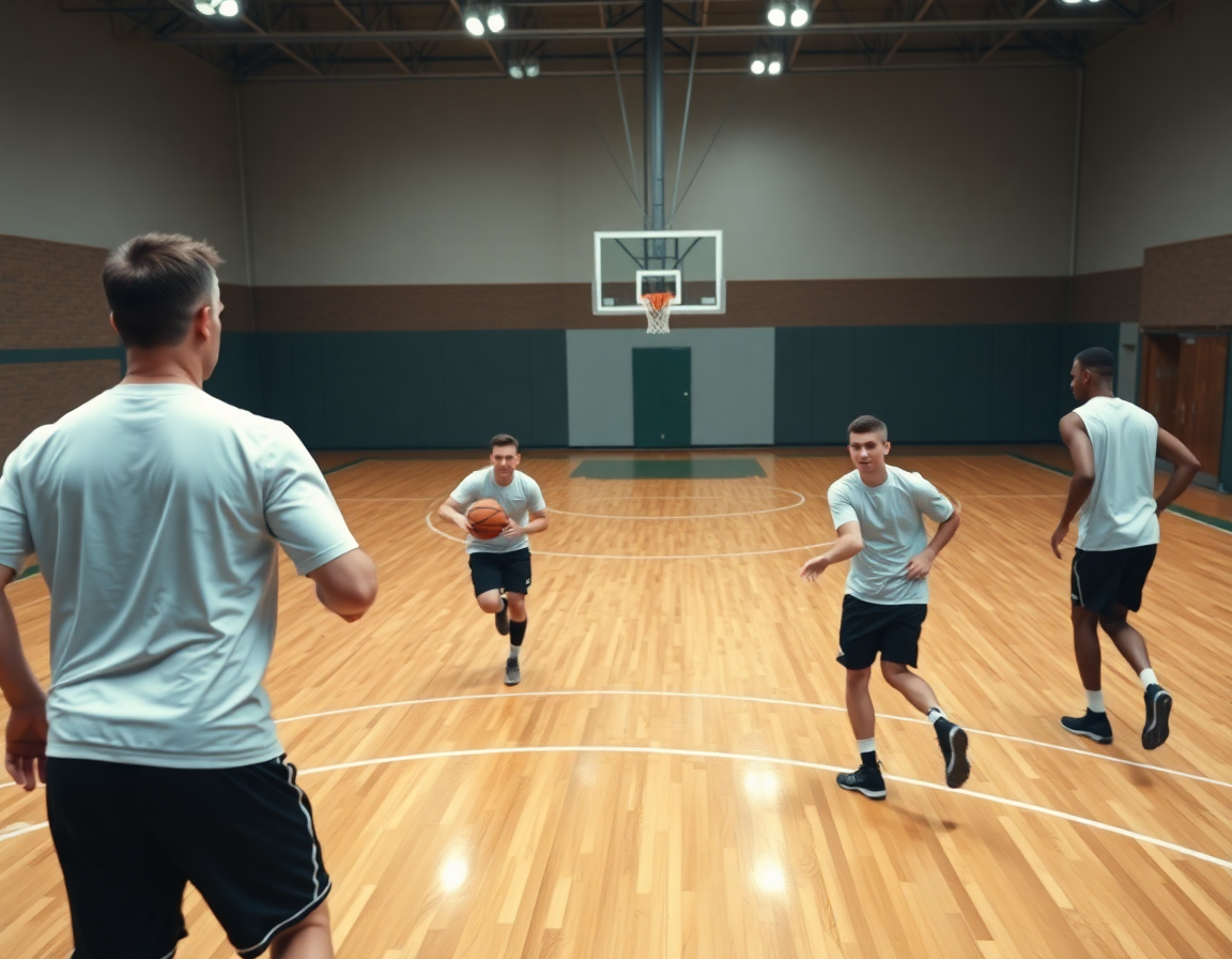 Plano medio de baloncesto mostrando transicion defensa ataque baloncesto en una transición de juego.