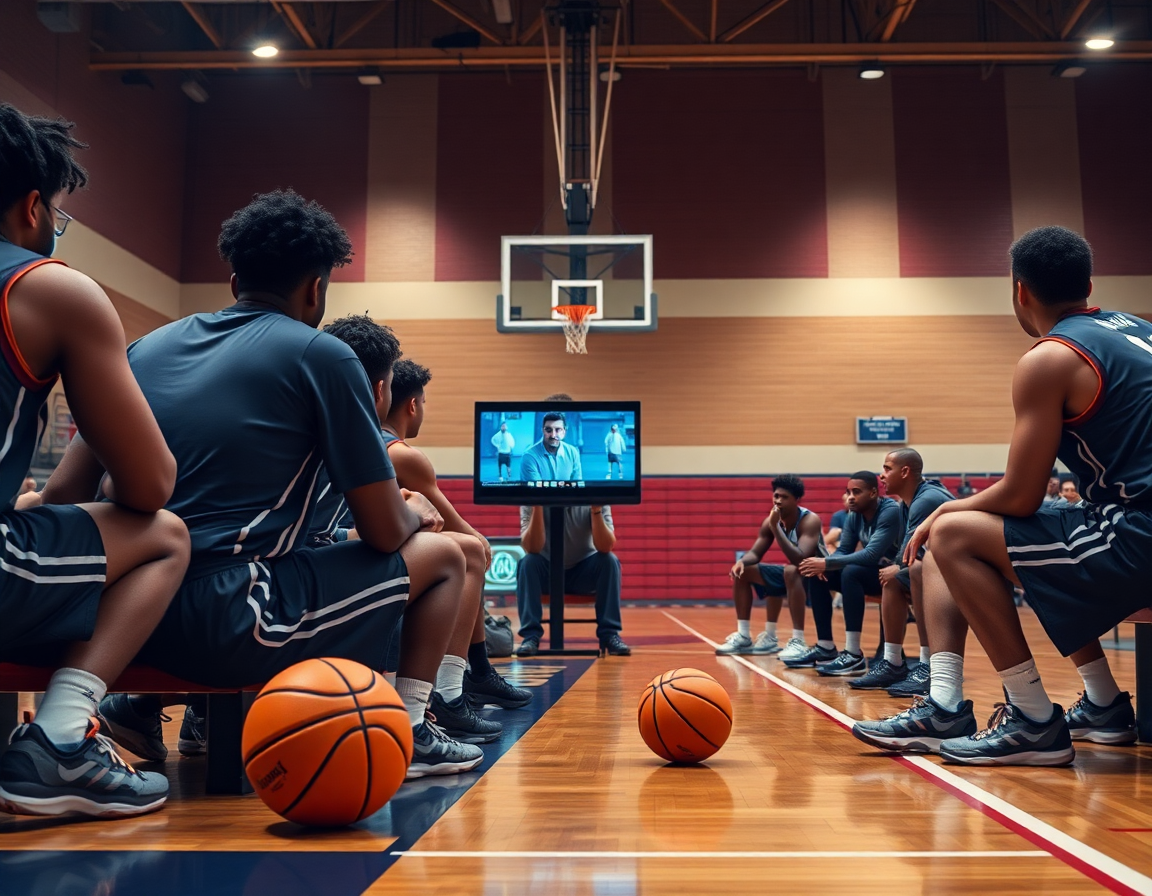Vista de espaldas de jugadores observando video de transicion defensa ataque baloncesto en la cancha.