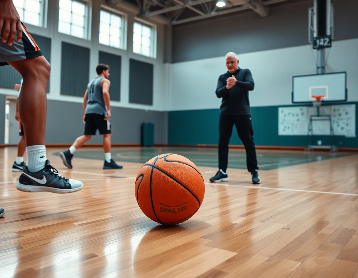 Primer plano de balón de baloncesto con entrenador durante valoracion baloncesto en ingles en entrenamiento.