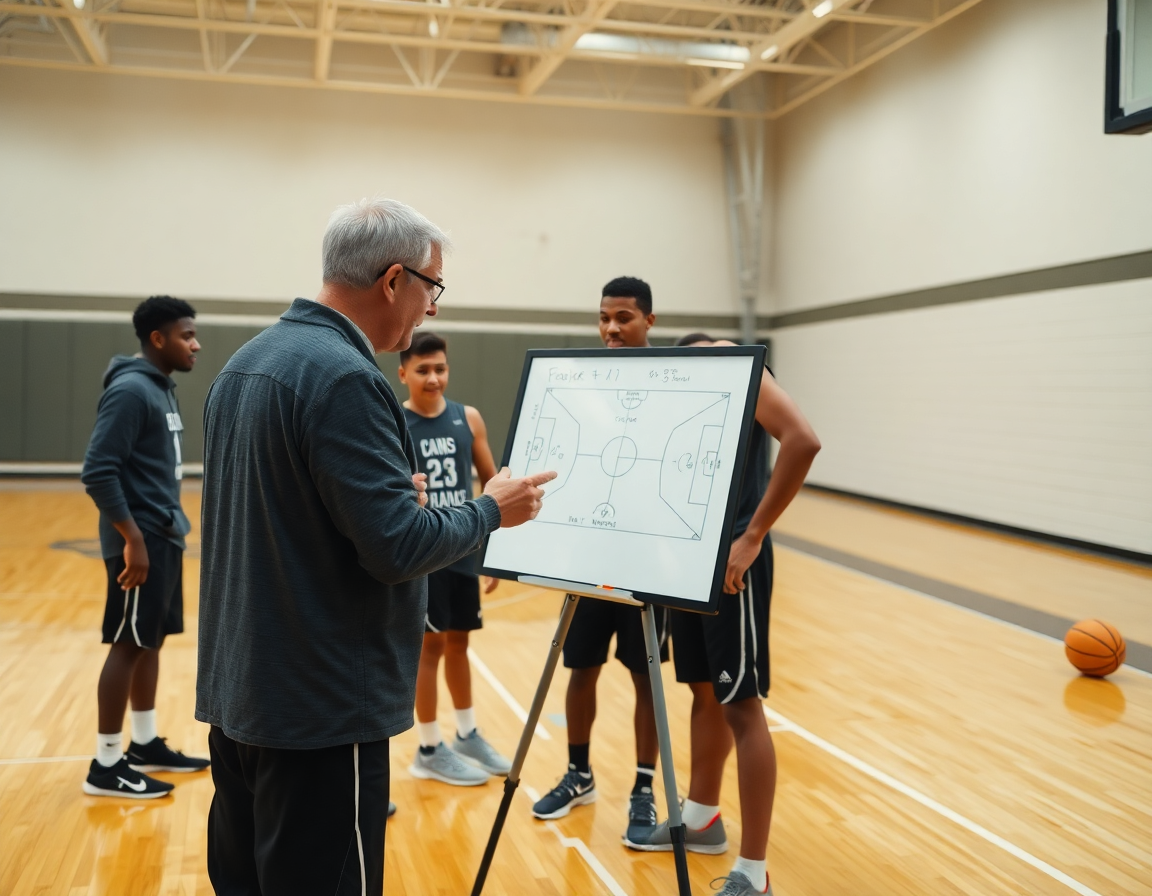 Entrenador usa una pizarra táctica mientras jugadores practican una jugada de baloncesto cerca de la banda.