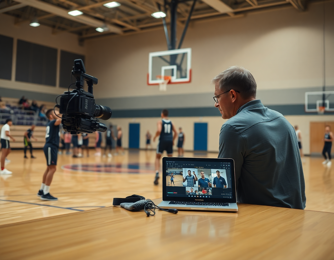 Equipo revisa clips de baloncesto en un portátil, analizando PIR y scouting para baloncesto.