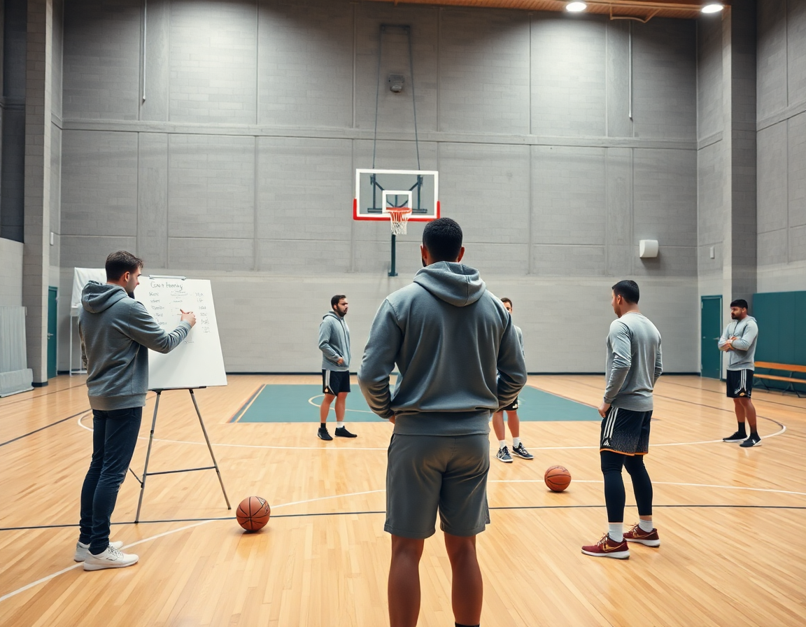 valoración baloncesto como foco de planificación semanal: entrenador señala metas frente a la pizarra.