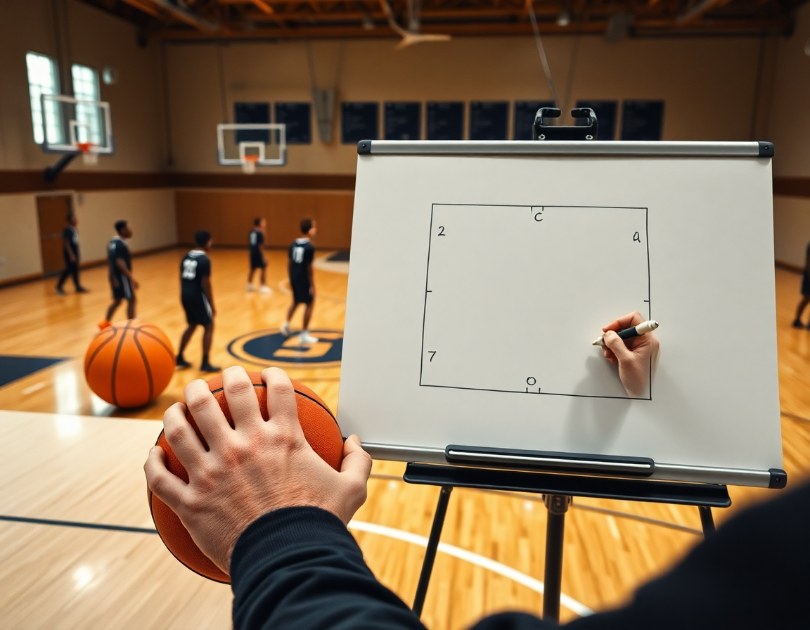 zona baloncesto en ingles: primer plano del entrenador trazando la defensa zonal con una pelota naranja en cancha.