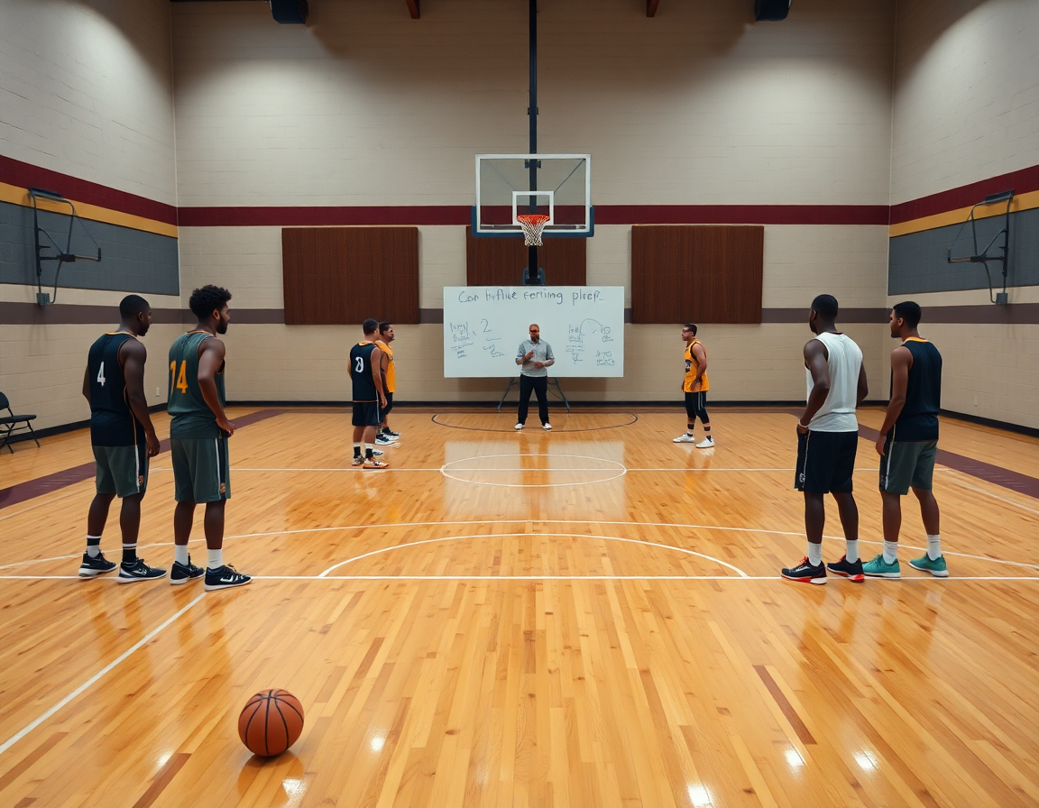 zona baloncesto en ingles: imagen de jugadores formando una zona y un balón rebotando sobre cancha de madera.