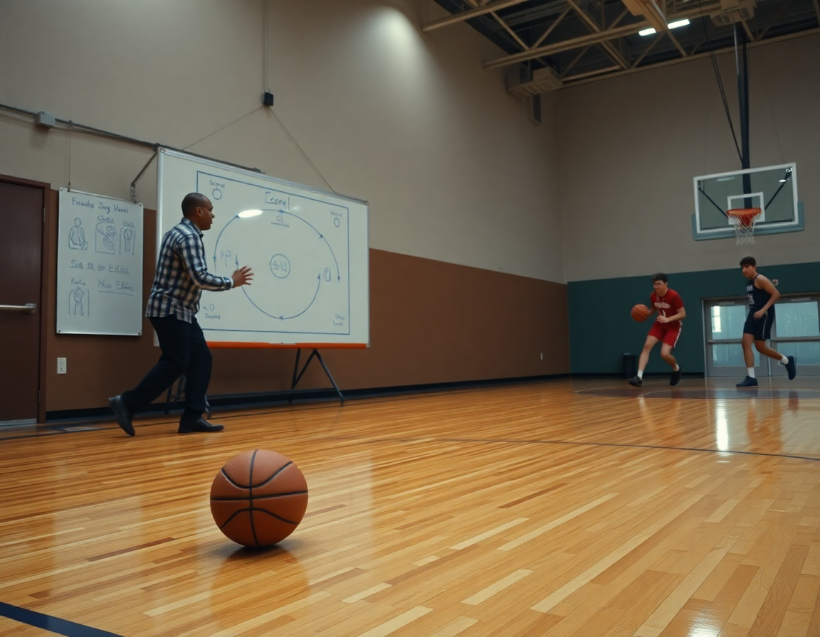 zona baloncesto en ingles: primer plano del balón de basketball junto al entrenador explicando rotaciones en la cancha.