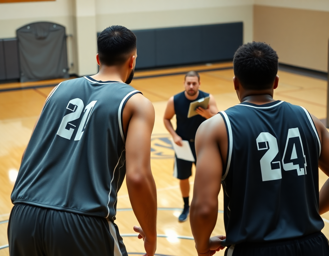 Primer plano de dos jugadores en zona defensa individual baloncesto, observados por el entrenador en la cancha.