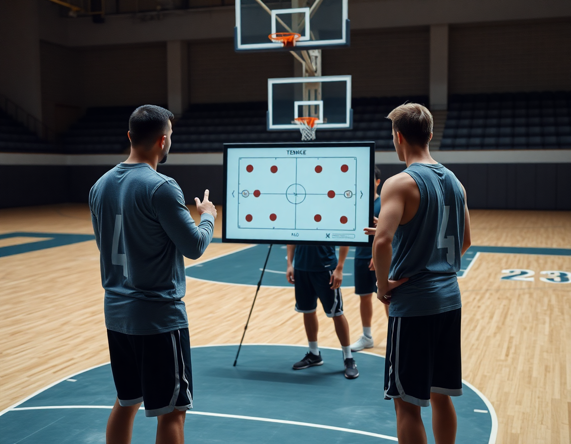 Entrenador dirige defensa individual baloncesto frente a tablero táctico portátil mientras jugadores observan.