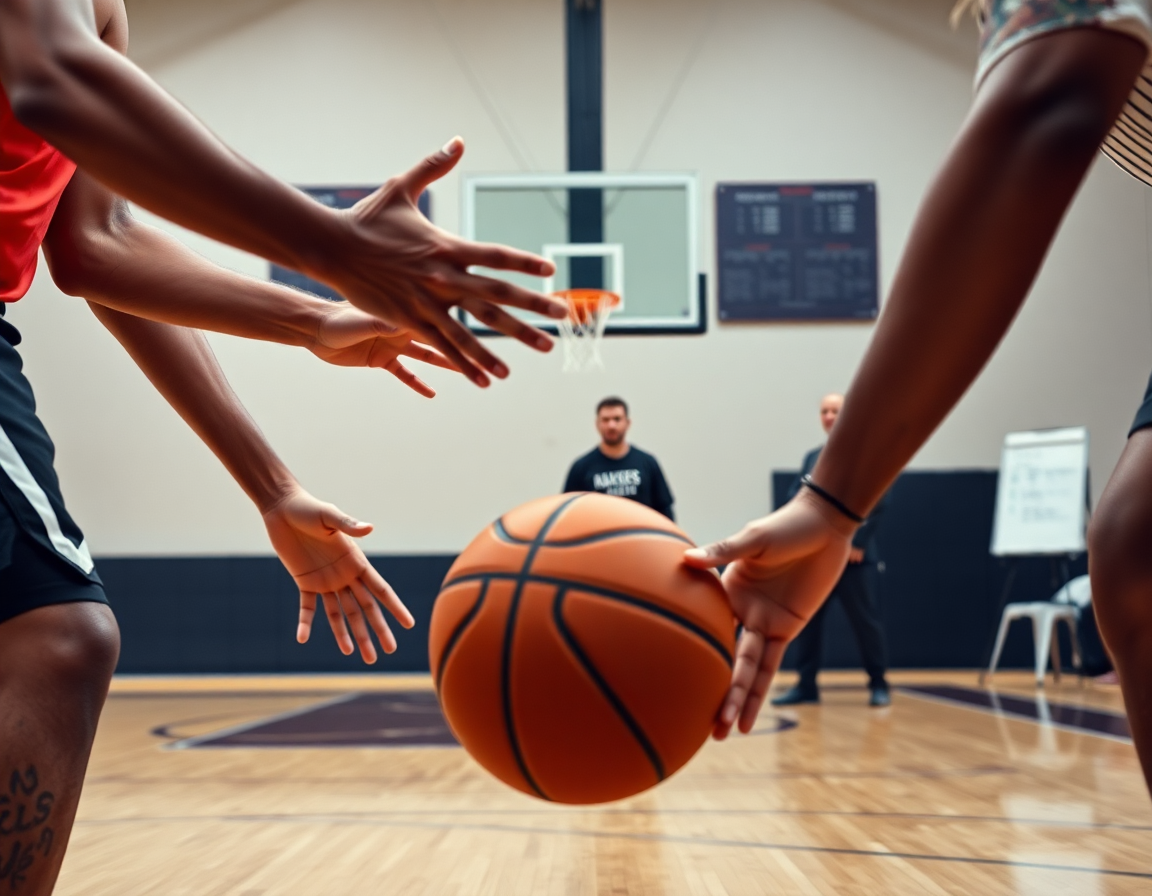 Gros plan sur analyse match basket des mains et du ballon pendant une passe.