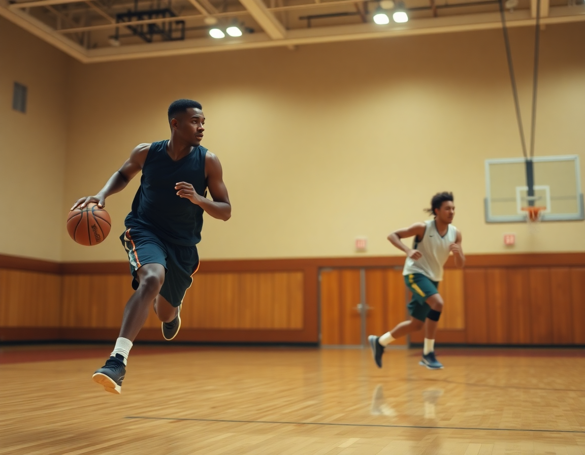 Players running a fast-break drill in practice