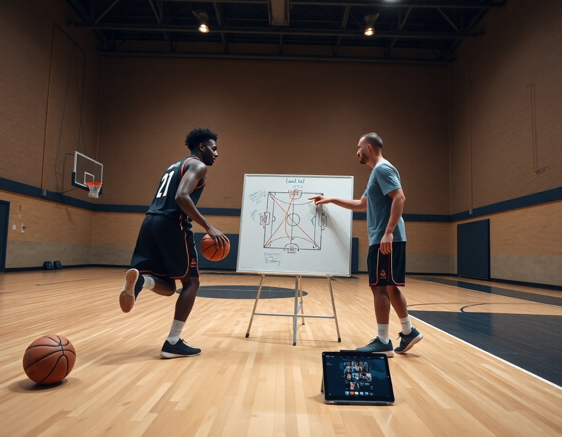 Analyse video basket: mise en valeur d'un drill de dribble et passe sur le court.