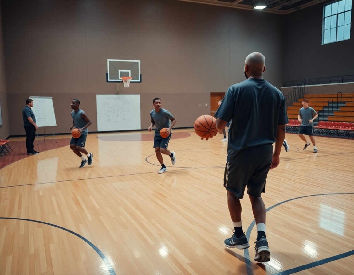 Drill et séquences d'attaque défense basket en plein exercice sur le terrain.