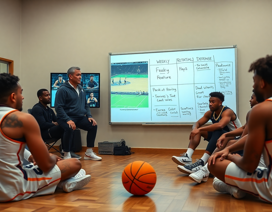 Équipe autour d'un écran regardant des clips d'attaque défense basket et plan hebdomadaire.