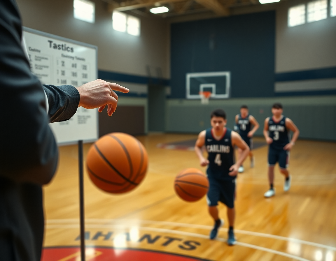 Plan serré sur le coach guidant le basket attaque en triangle pendant l'entraînement.