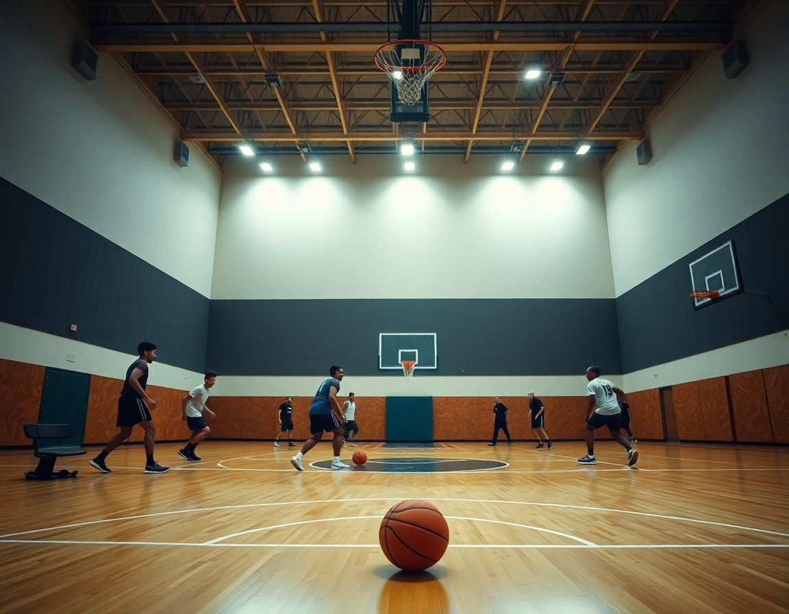 Vue d'ensemble montrant l'équipe en action autour du basket attaque en triangle sur le terrain.