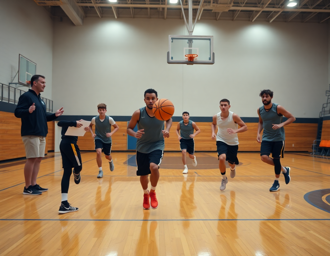 Coup d'œil moyen: joueurs exécutent un mouvement basket benjamin en exercice sur le terrain.
