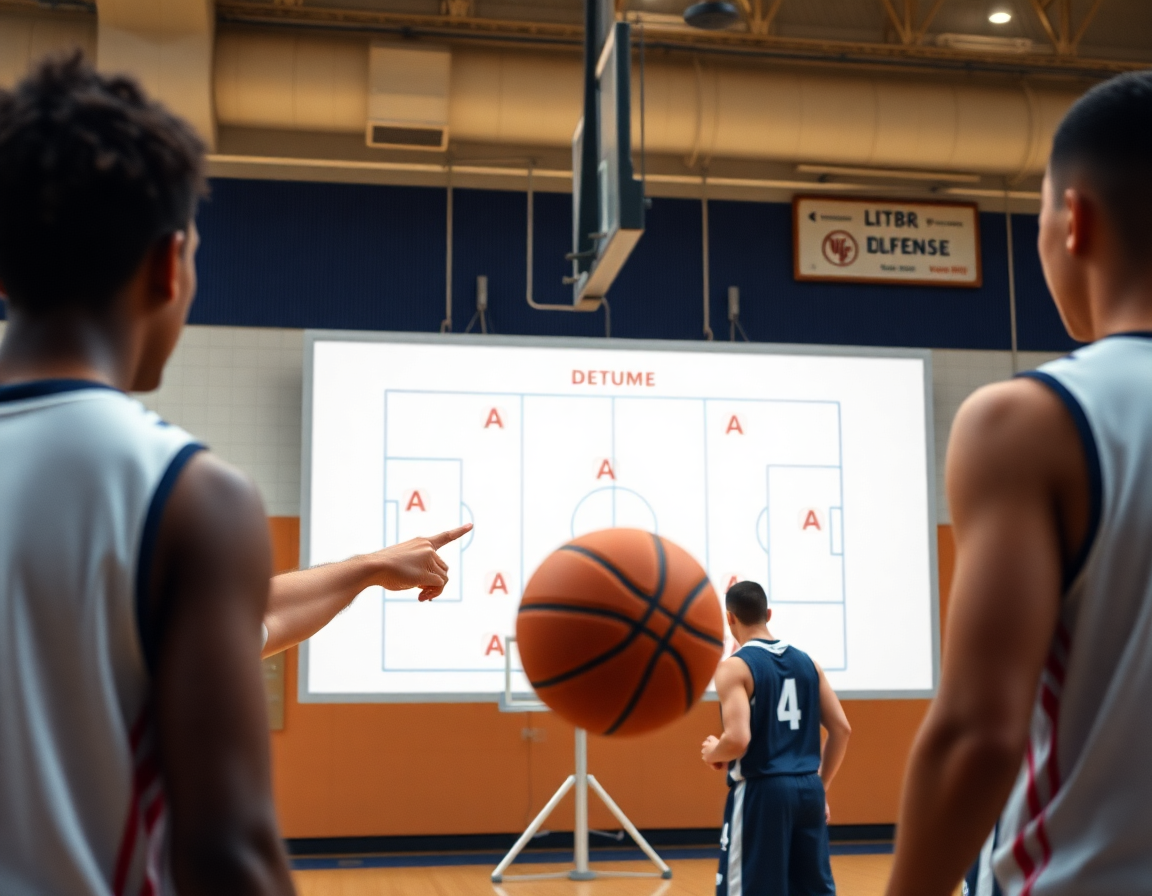 L'entraîneur présente une progression d'exercices de zone de basketball sur le tableau et les joueurs regardent.