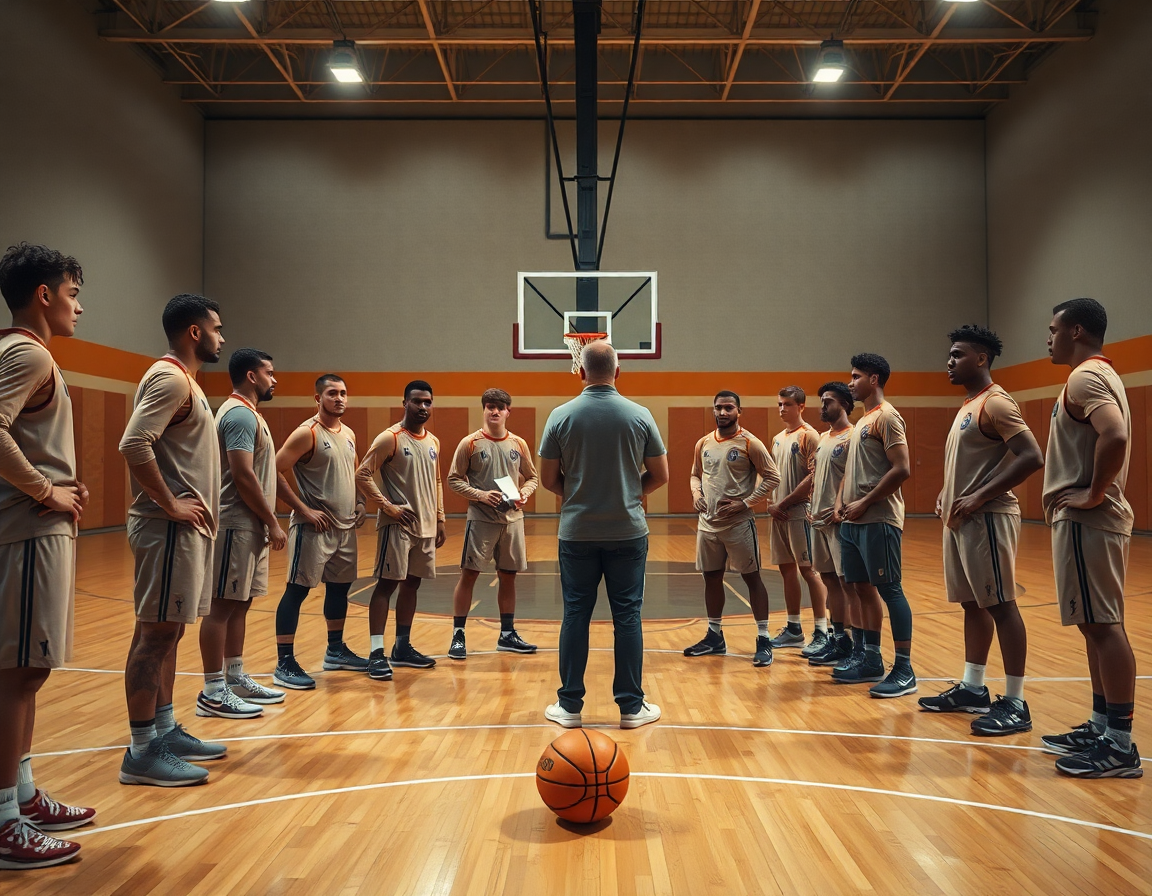 Vue large d'un basket entrainement homme autour d'un coach avec un tableau sur le bord du terrain.