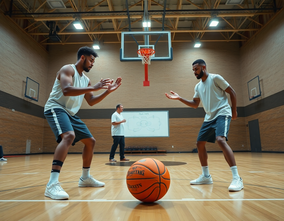 Plan rapproché sur deux joueurs basketball effectuant un box out, basket exercice box out expliqué par le coach.