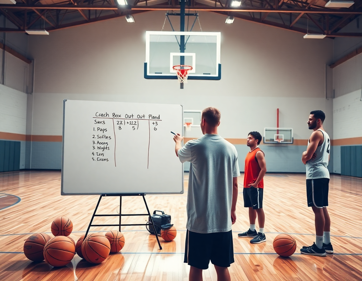 Plan de workflow autour du basket exercice box out, coach montre le planning hebdomadaire autour d'une table.