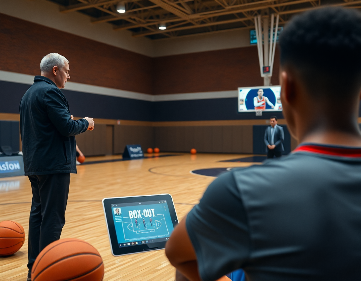 Analyse des box-outs avec clips basketball sur tablette, basket exercice box out présenté par le coach.
