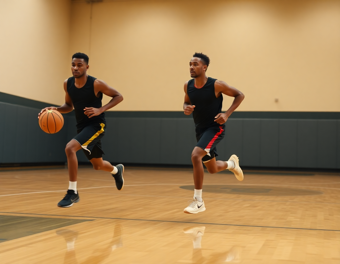 Players running a fast-break drill in practice