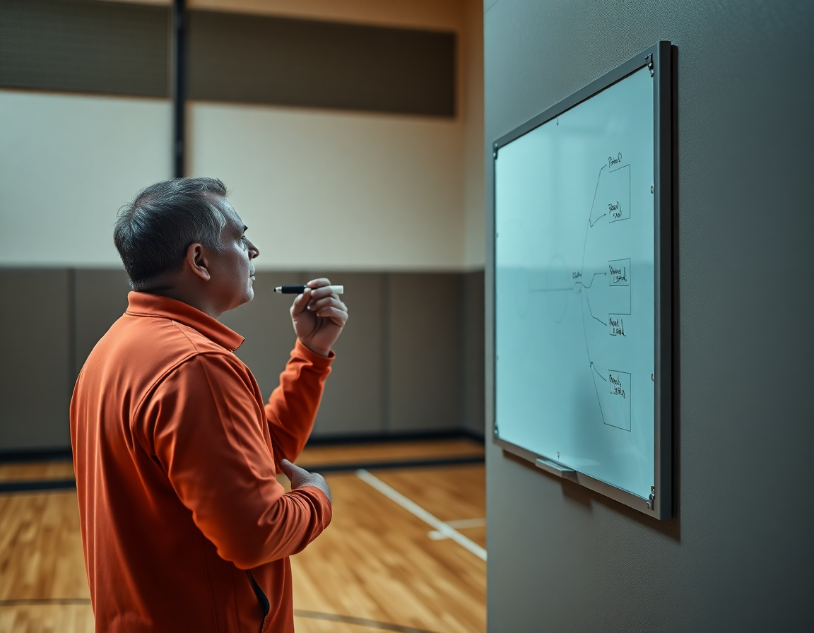 Coach explaining tactics on a gym whiteboard