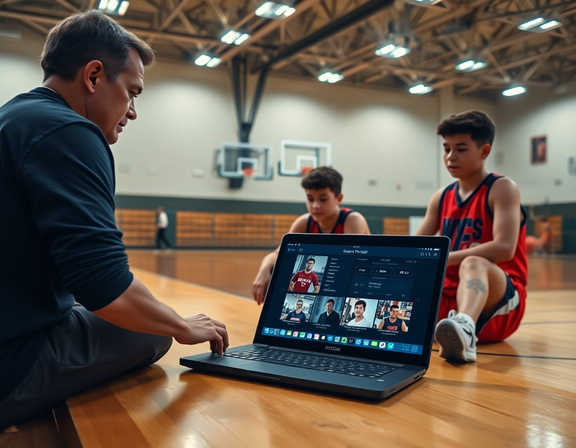 Plan rapproché sur l'écran montrant des clips basketball à un groupe de basket u15.