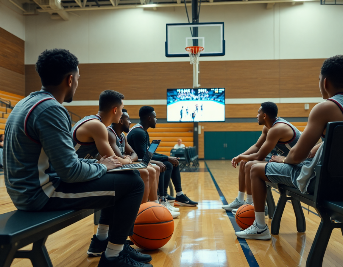 Plan serré sur le coach et les joueurs autour d'un ordinateur portable, regardant un clip basketball et discutant basketball ensemble.