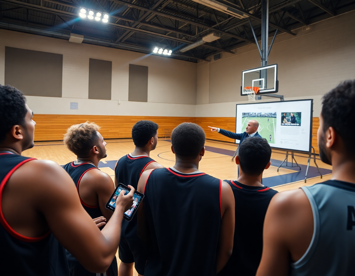 Révision des clips basketball attaque placée pdf sur tablette pendant que le coach montre le tableau.