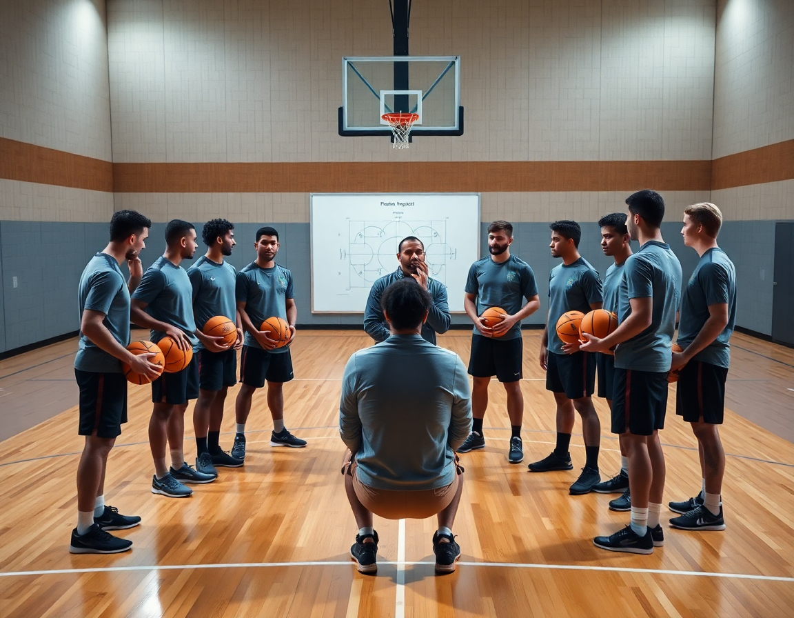Le coach pointe un tableau tactique sur le parquet, basketball en main lors d'un entraînement.