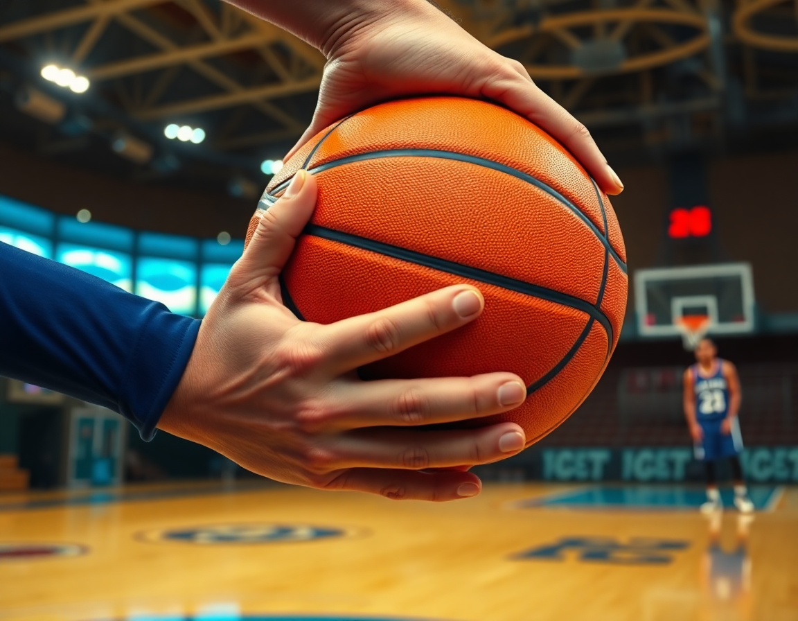 Plan rapproché sur les mains et le basketball orange, défense prête, alors qu'un coéquipier observe le jeu.