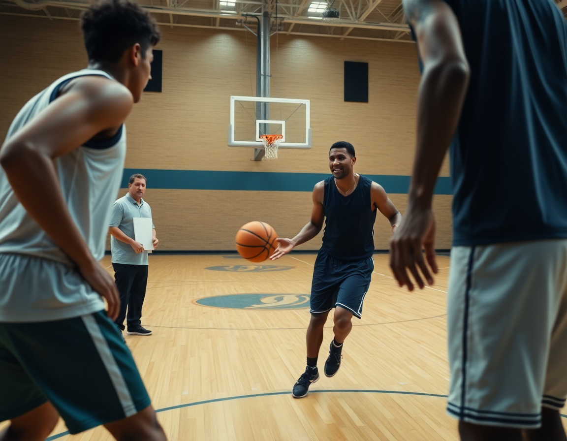 Premier plan sur un échange rapide de basketball exercices jeu rapide sur court; entraîneur observe.