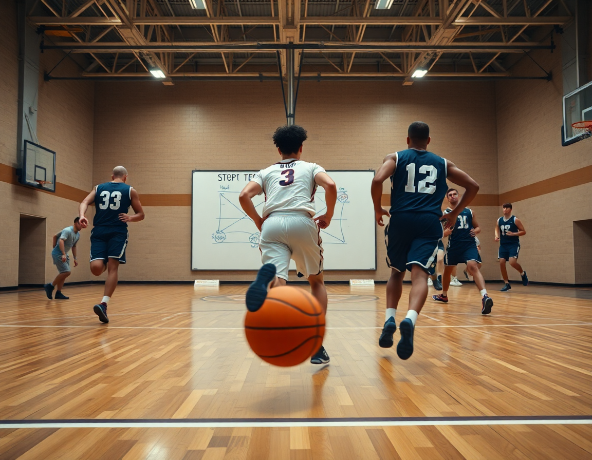 Deux joueurs sprintent en transition défensive après une rapide offensive; basketball exercices jeu rapide en action.