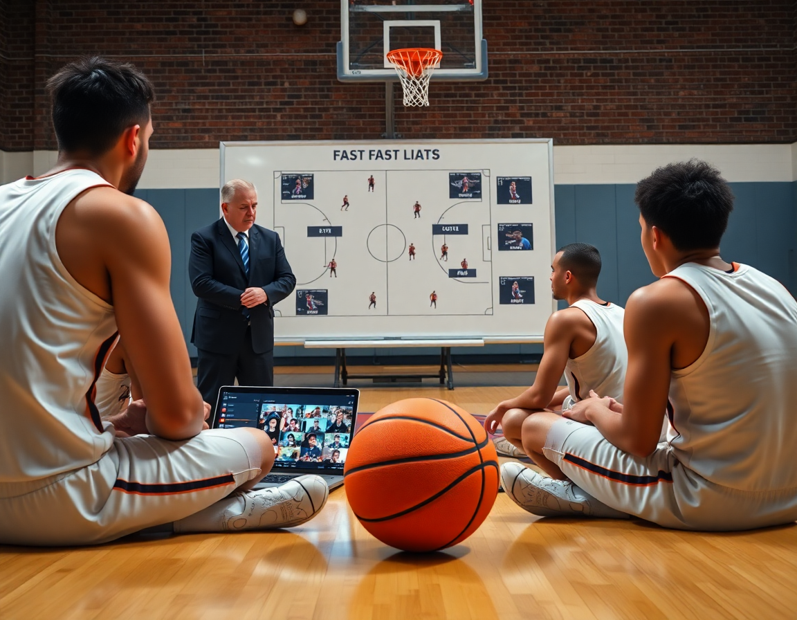 Coach devant tableau tactique et clips vidéo pour basketball exercices jeu rapide, joueurs concentrés.