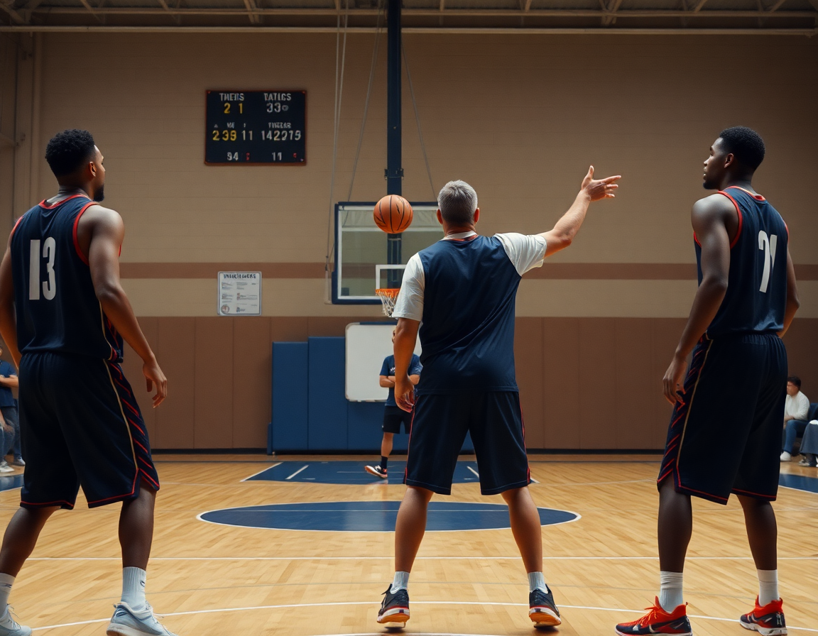 Plan moyen: deux joueurs screen près du panier dans le basketball; le coach pointe le tableau.