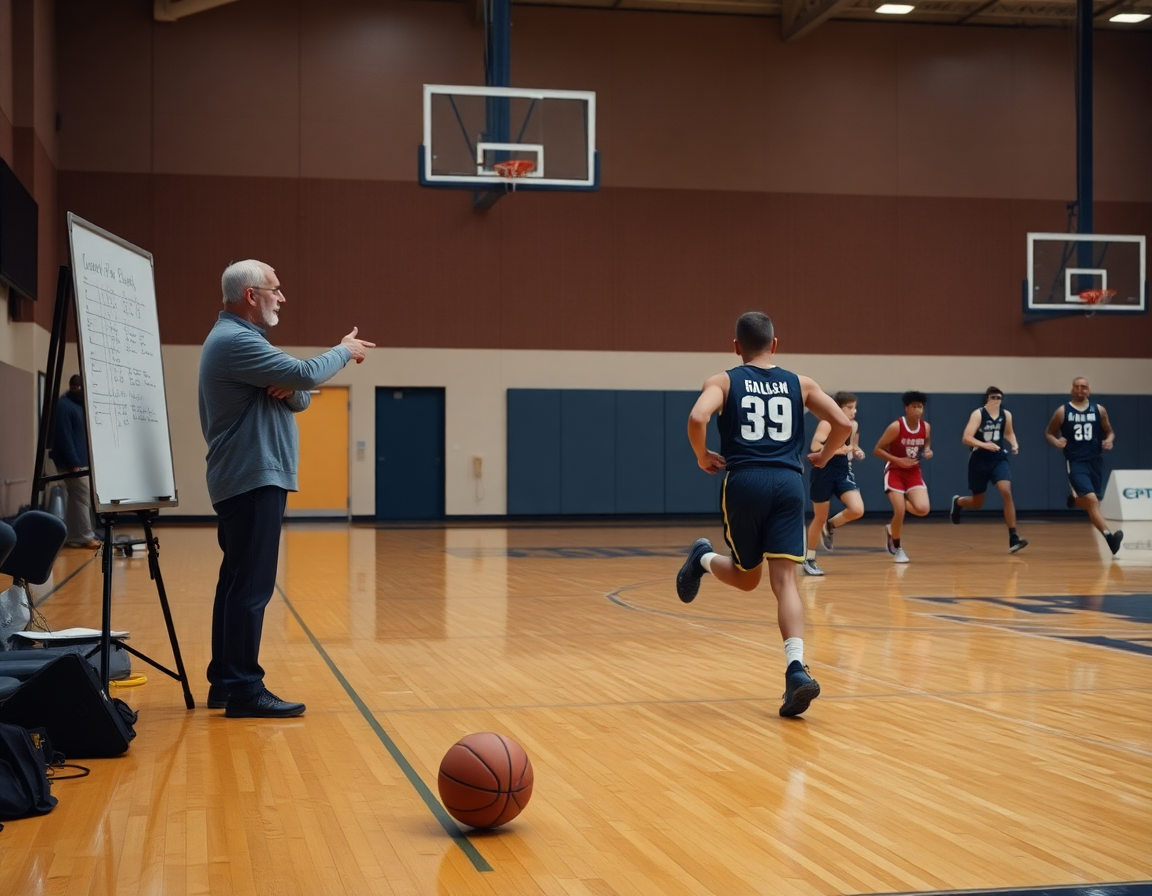 Plan hebdomadaire en action: coach et joueurs sur le terrain de basketball, regards vers le tableau.