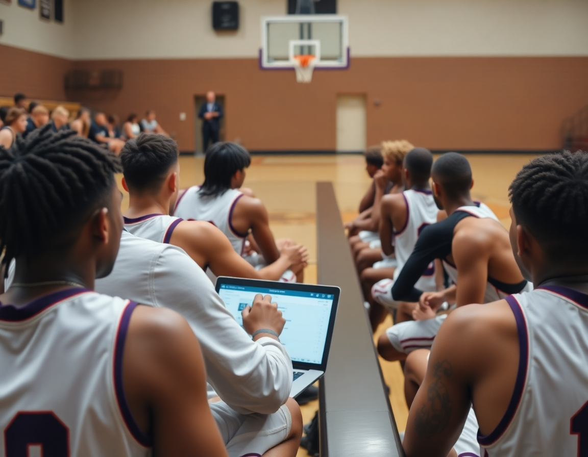 Coach distribue playlists basketball et ressources, joueurs assis près des bancs aujourd'hui.
