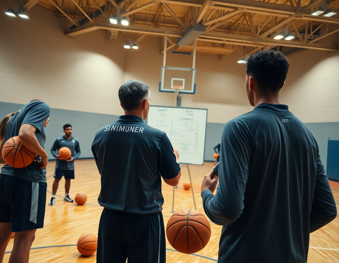 Planification hebdomadaire visible dans la salle: le club de basket féminin débutant organise une séance.