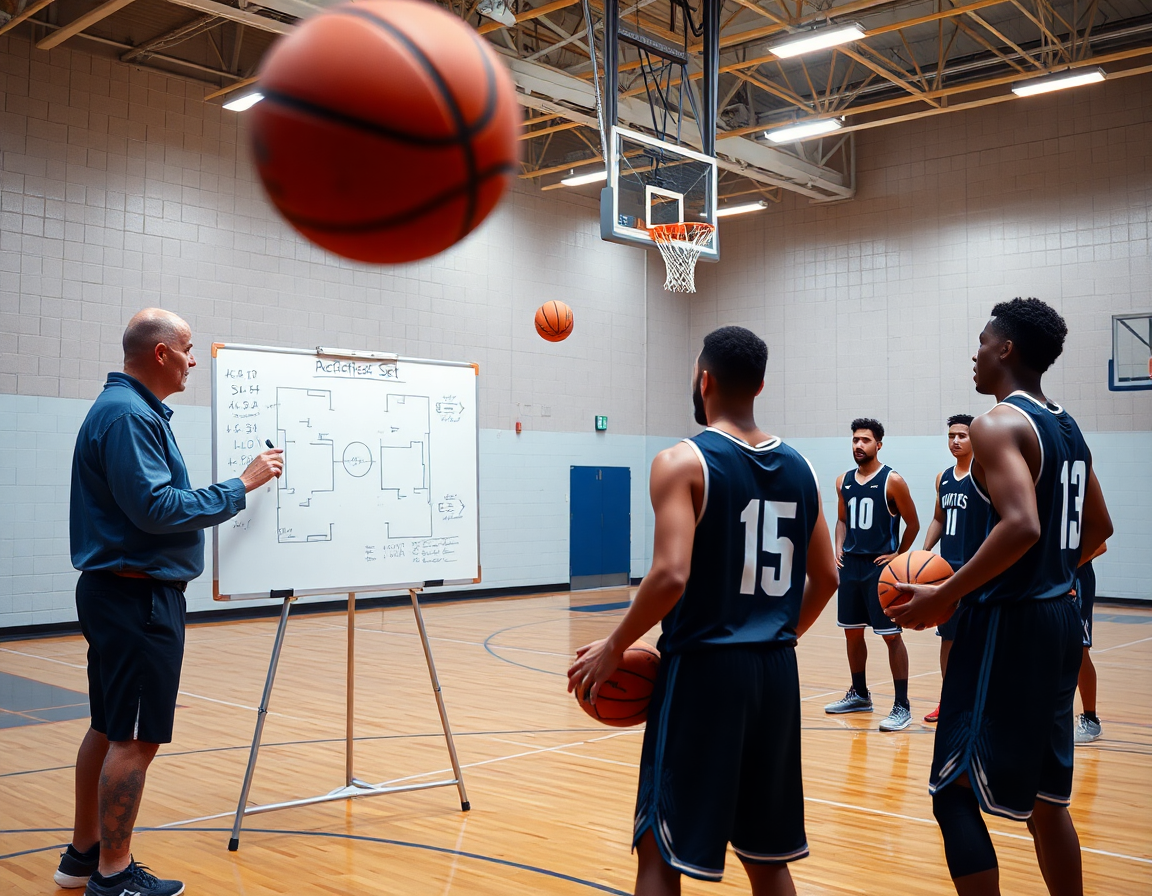 Le club de basket féminin débutant réunit ses joueuses autour du tableau blanc pour apprendre une tactique simple.