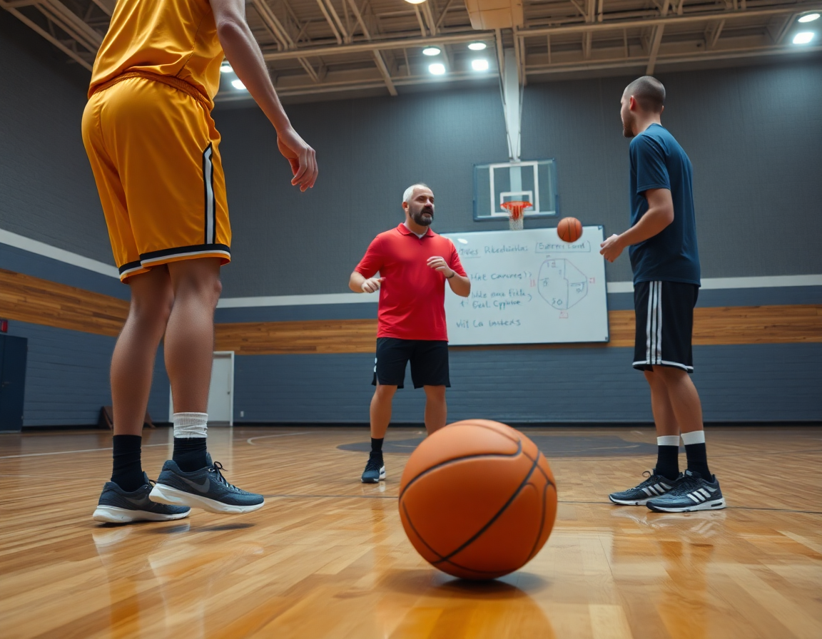 Des passes rapides exécutées par l'équipe pendant l'entraînement, le coach basketball supervise.