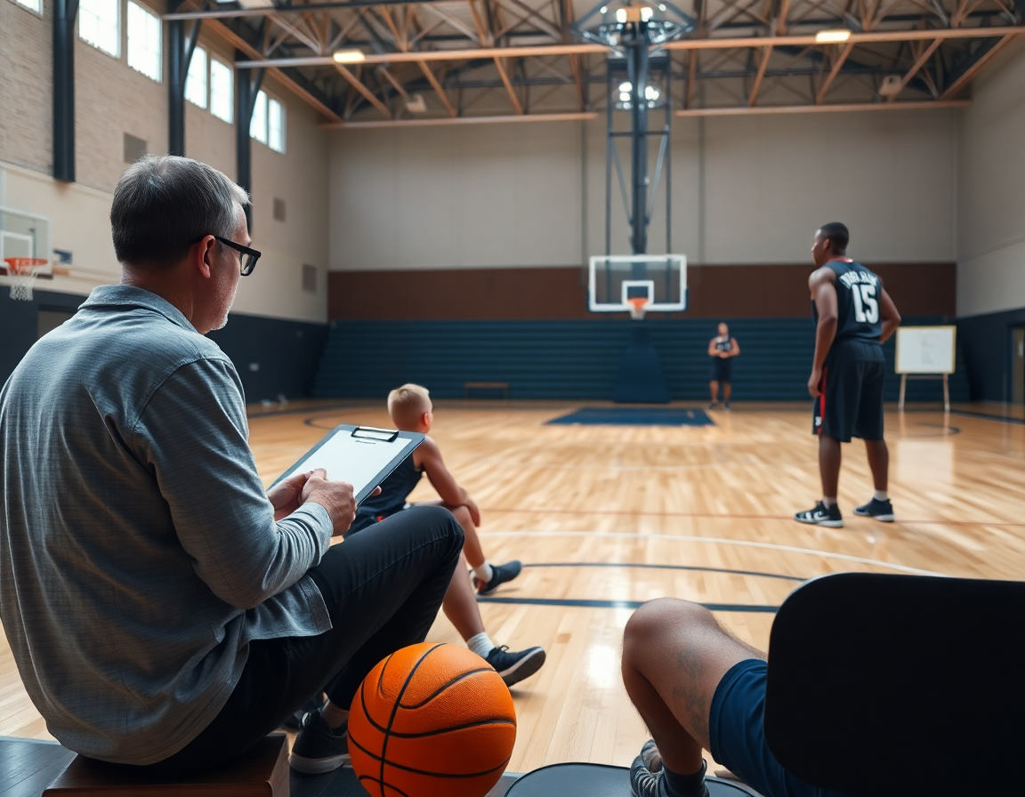 Comment analyser un match de basket: entraineur et joueurs autour d'un tableau blanc en gym.