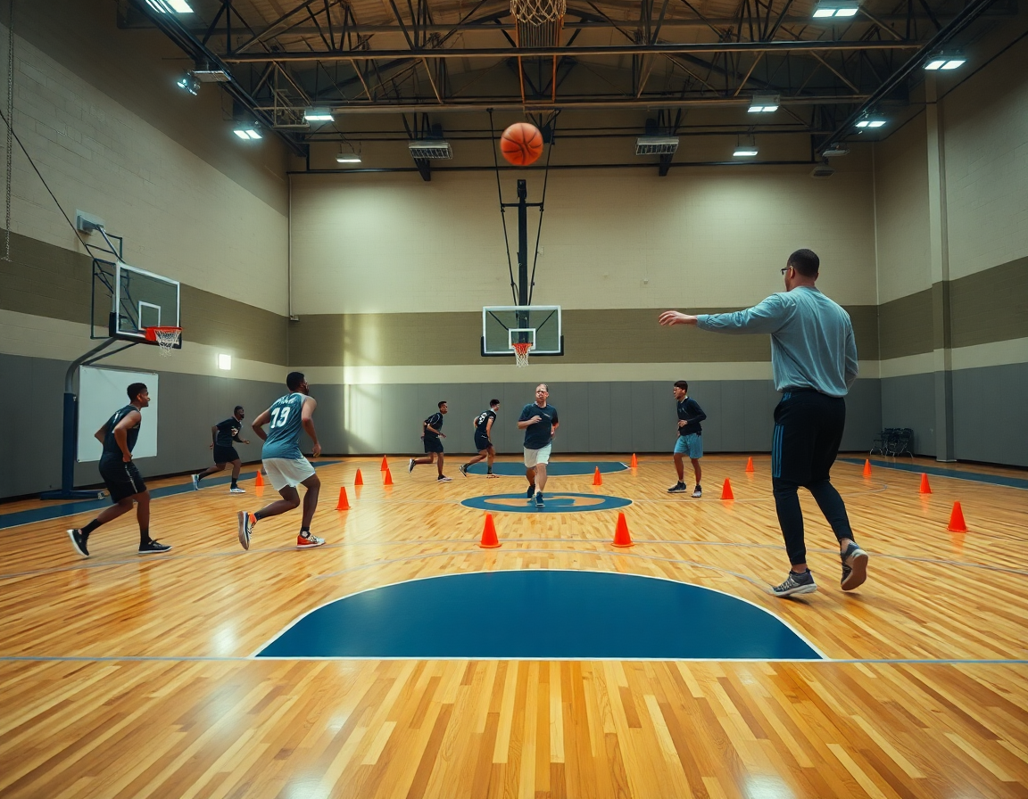 Plans serrés d'un drill de basketball sur le court, coach guidant les joueurs et la balle orange.