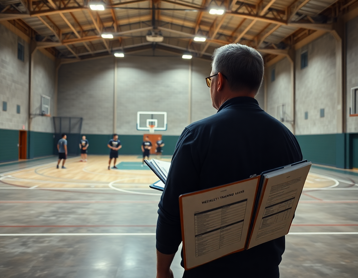 Planification hebdomadaire vue par un entraineur basket sur le terrain avec des joueurs en arrière-plan.